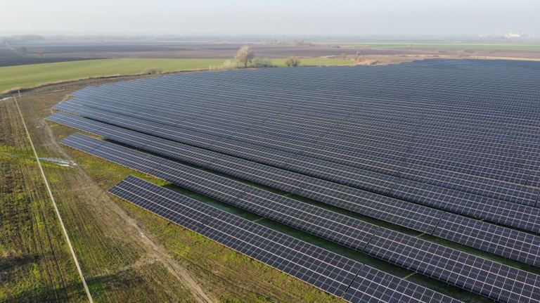 Aerial view of a large solar energy facility