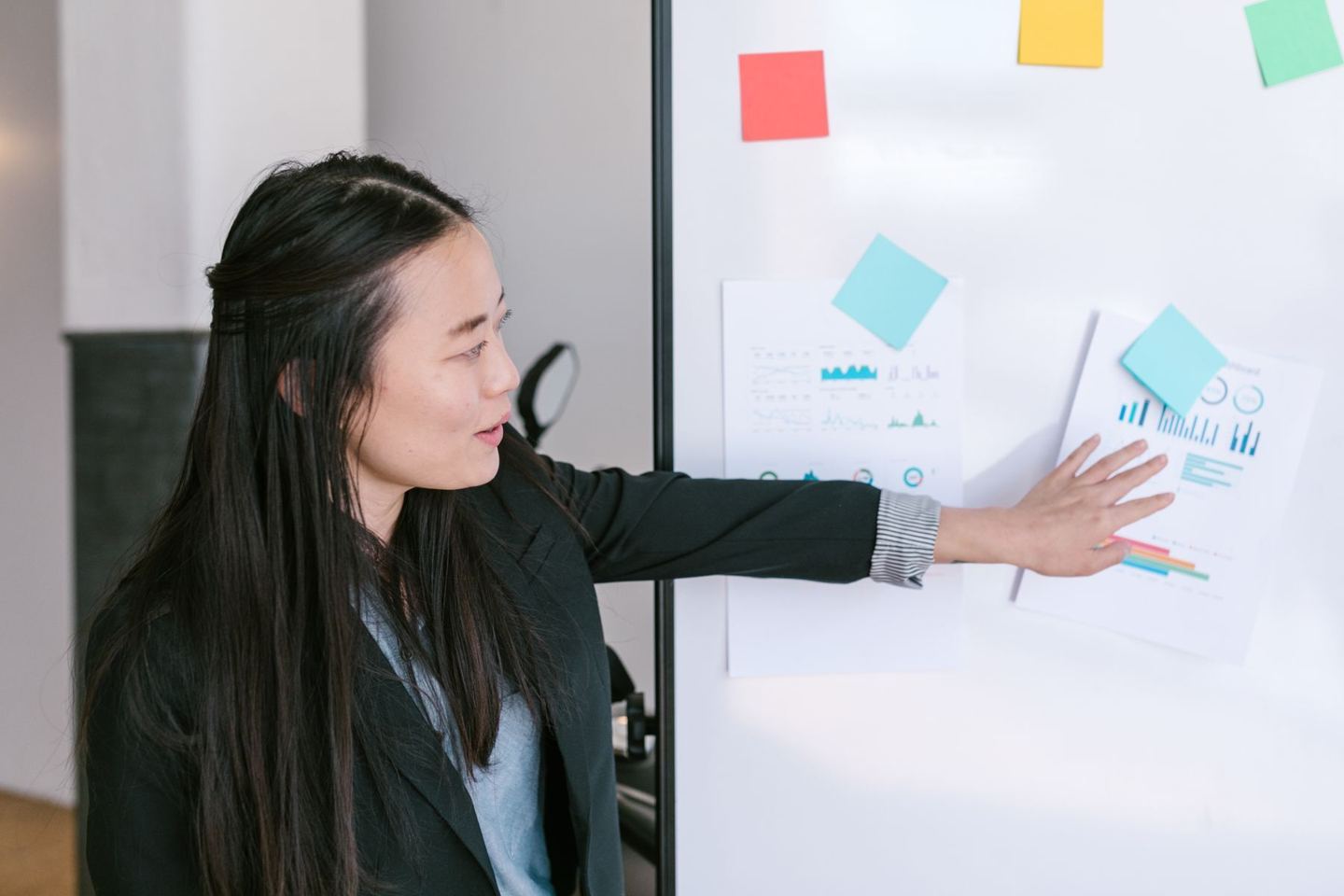 Asian finance professional presenting analytical charts on a whiteboard